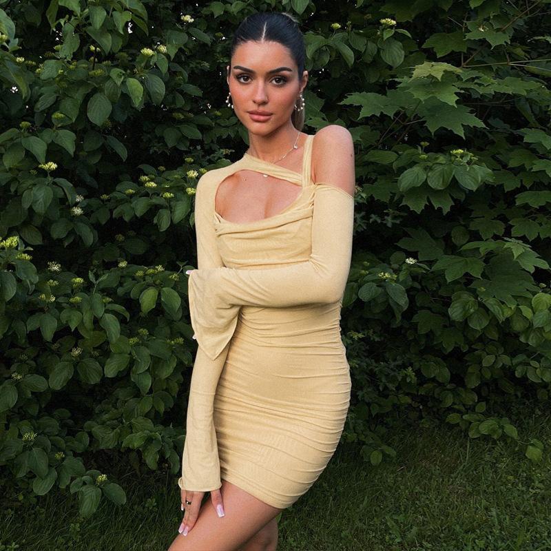 Apricot Mesh Stitching Long Sleeves Off-shoulder Dress Slim Fit