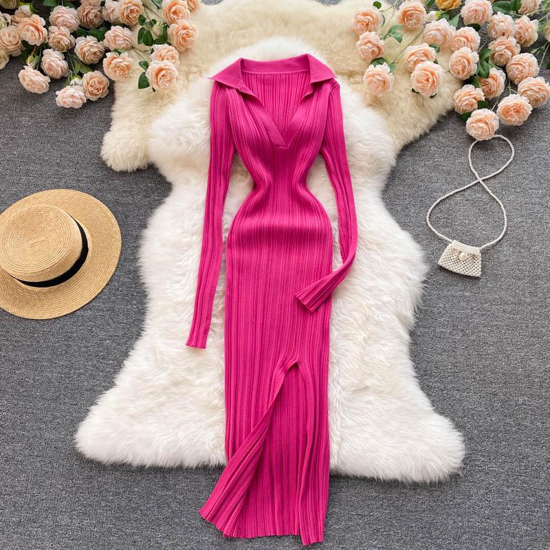 Feminine Waist And Hip Stretch Knitted Long Sleeved Split Hip Skirt