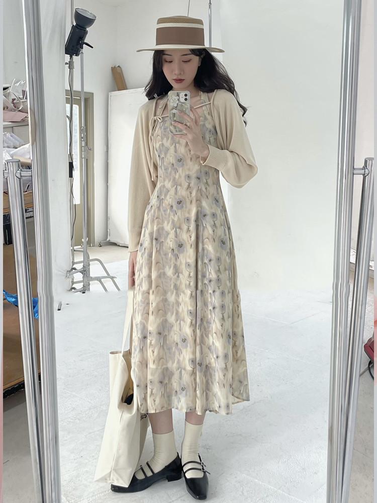 Watercolor Print Halterneck Open-back Chiffon Dress