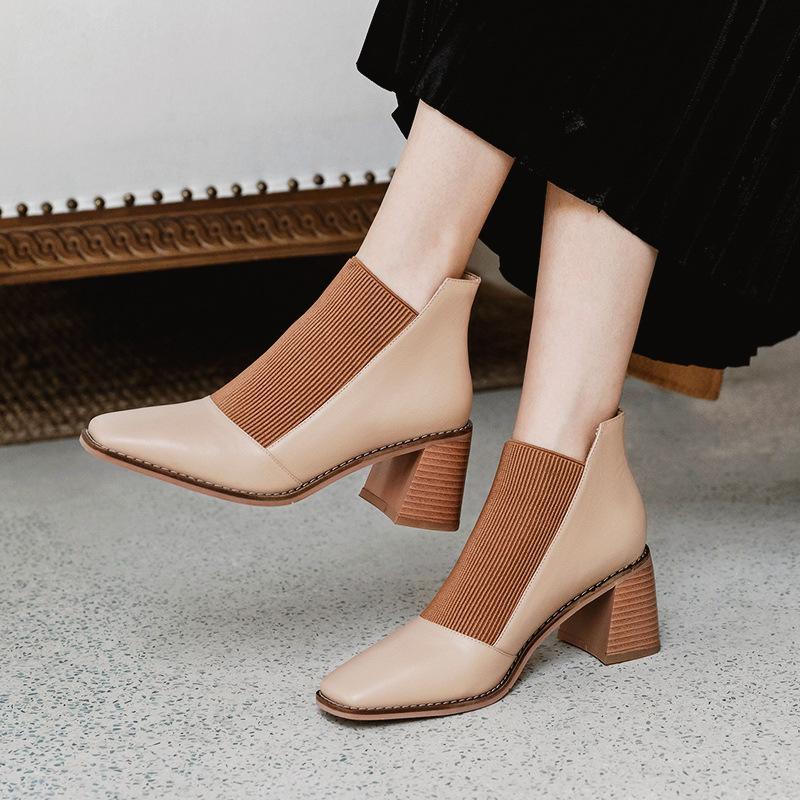 Chunky Heel Short Boots Simple Elastic Mid-heel