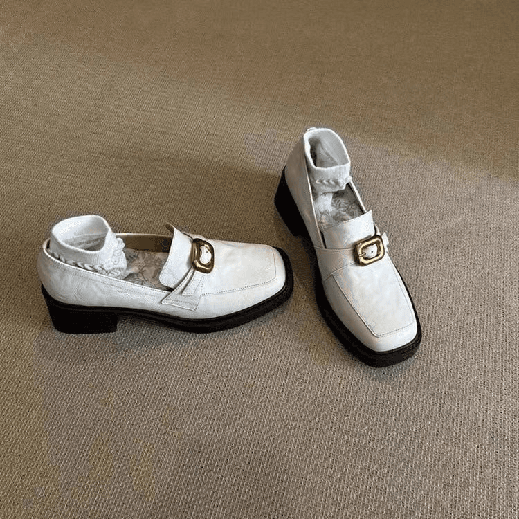 Women's Retro Leather Loafers, British Style, Slip-on, Metal Buckle, Block Heel Pumps