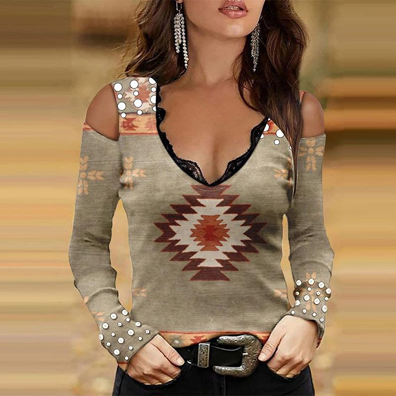 Sling Lace V-neck Long Sleeve Off-the-shoulder Women's Top