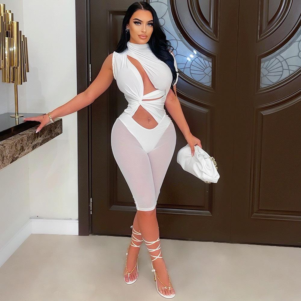 High Round Neck Sleeveless Hollow Mesh Stitching Jumpsuit