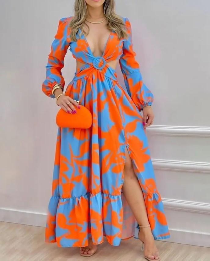 Summer New Half Turtleneck Dress Mid Waist Strap Type Retro Colored Printing Long Dress