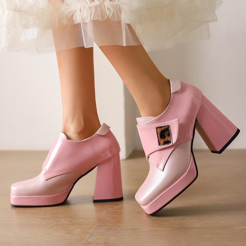 Square-toe Patent Leather Buckle Pumps Thick-soled High Heels