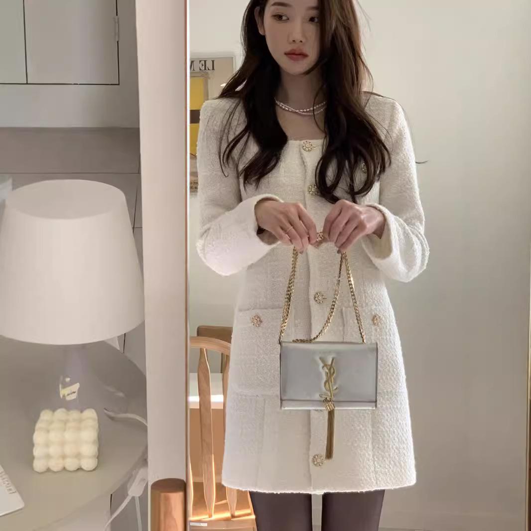 Square Collar Chic Single-breasted Waist Slimming And Short Tweed Dress