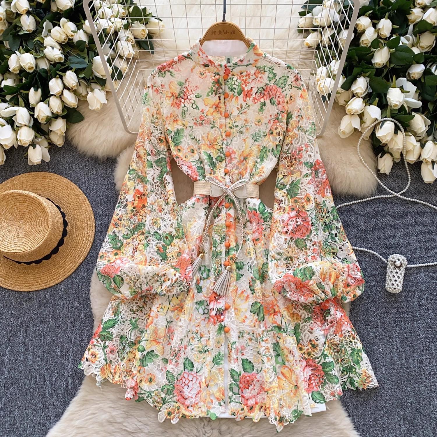 Stand-up Collar Puff Sleeve Hollow Crochet Dress