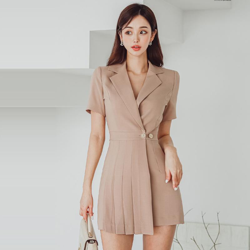 Women's Slim Suit Collar Waist-tight Pleated Dress