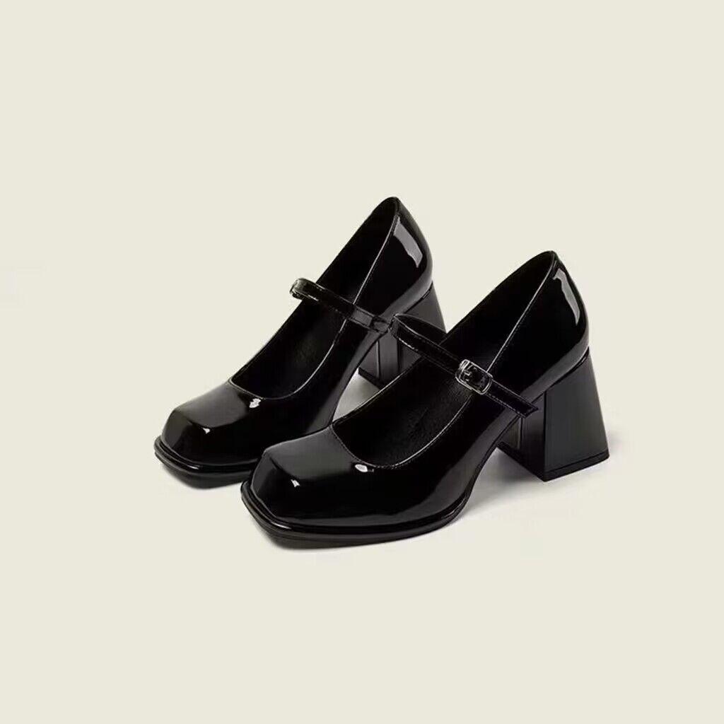 Women's Retro Black Leather Shoes Square Toe Chunky Heel Shoes