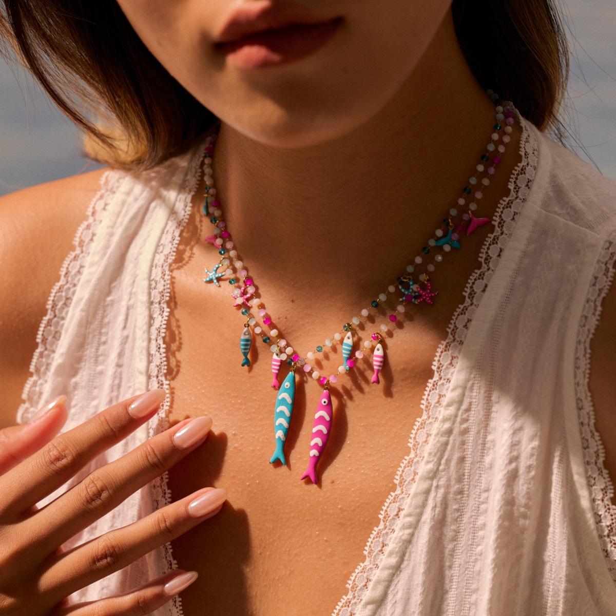 Vacation Style Colored Beaded Oil Dripping Fish Stainless Steel Necklace