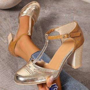 Buckle Womens High-heeled Sandals Color-blocked Chunky-heel Pumps