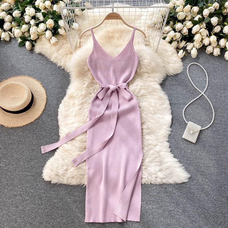 Elegant V-neck Waist Slimming Hip Stretch Knit Halter Dress