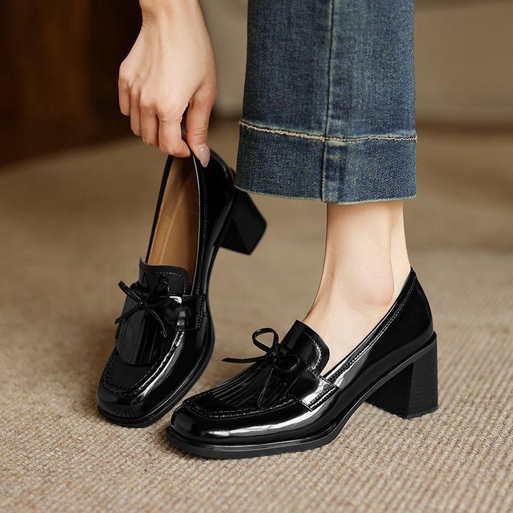 Bow-tie Chunky Heel Leather Pumps