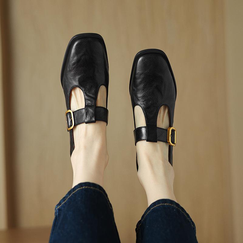 Mary Jane Leather Shoes Retro Square-toe Pumps