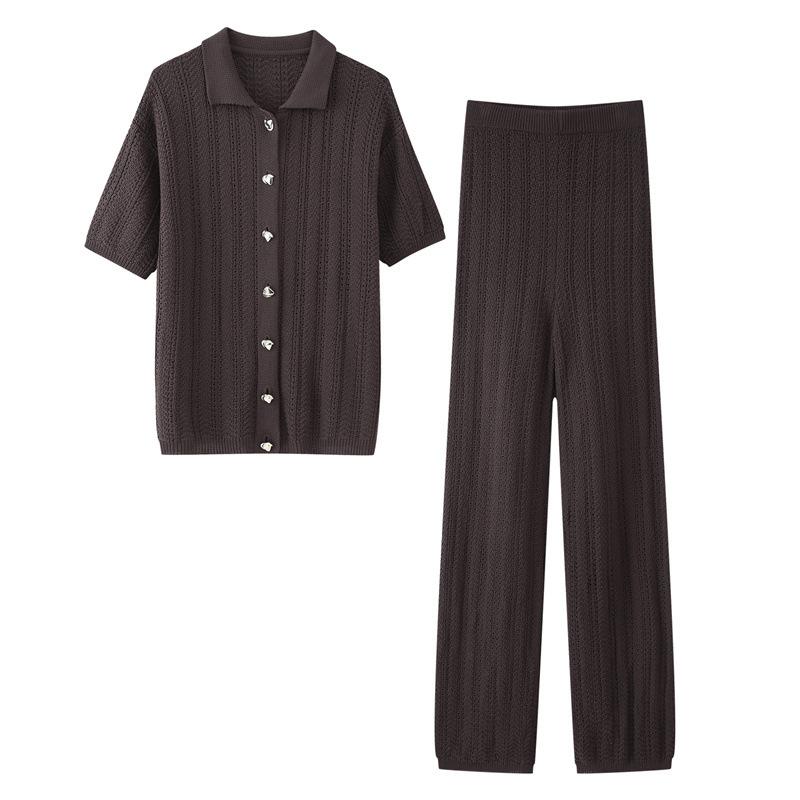 Fashion Texture Knitted Slim Straight Lapel Short Sleeve Trousers