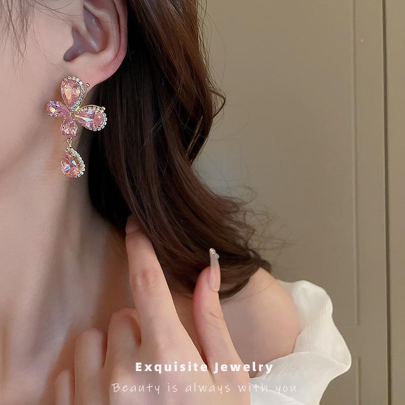 Sweet Light Luxury Rhinestone Zircon Butterfly Water Drop Silver Pin Earrings