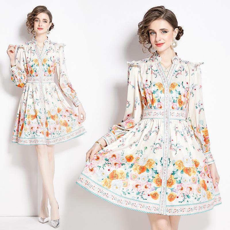 Spring And Autumn Vintage Court Style V-neck Single Breasted Lantern Sleeve Short Dress