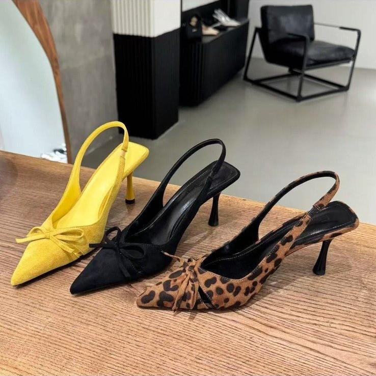Pointed-toe Leopard-print Bow-covered Sandals Stiletto-heel Peep-toe Pumps