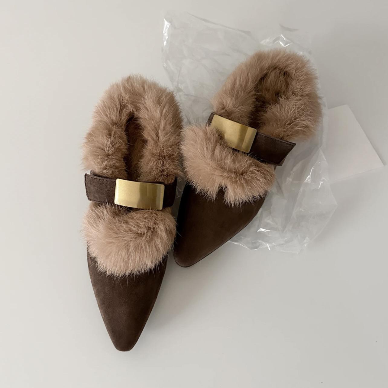Retro Leather Slingback Plush Shoes Casual Outdoor Flat Furry Shoes