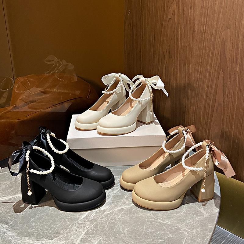 Mary Jane Shoes Women's Preppy Style Chunky Heel Pearl All-match