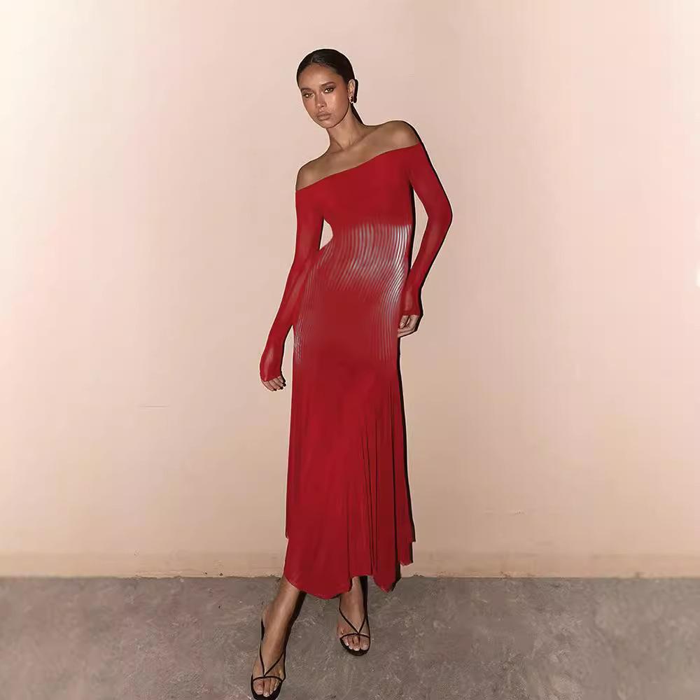 Long Sleeve Slimming Printed Sheath Fishtail Dress