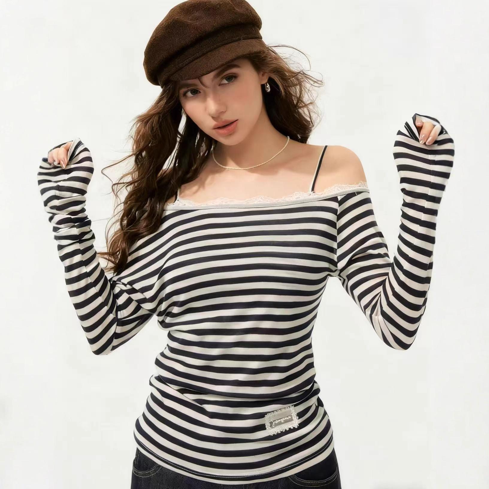 Off-shoulder Long-sleeve Camisole Contrast-color Top For Women