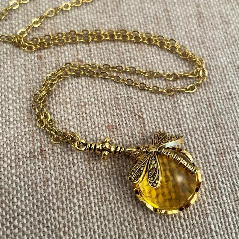 Vintage Bronze Hand Carved Dragonfly Pendant Necklaces For W