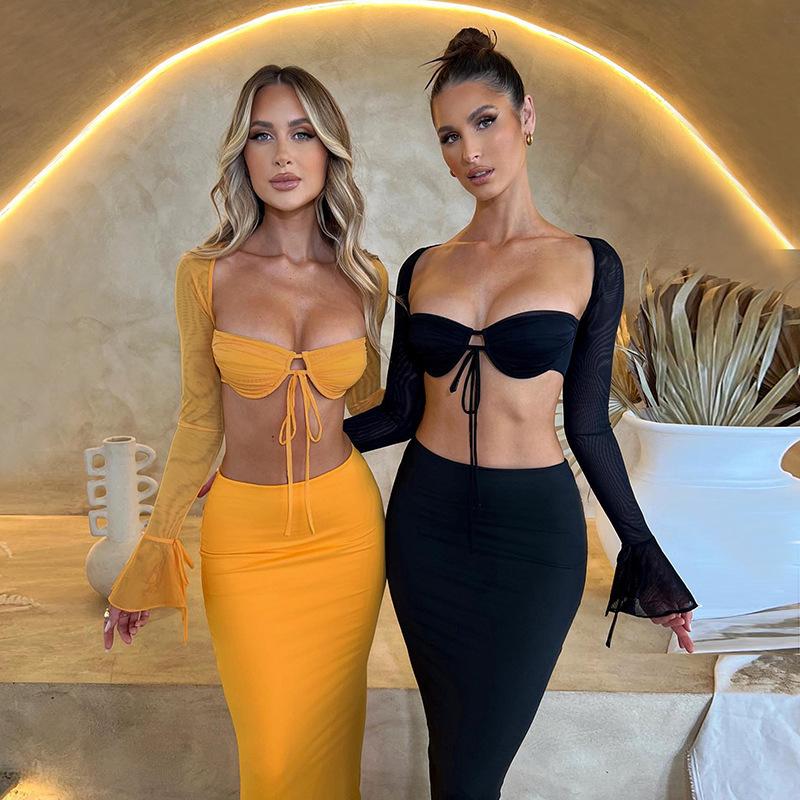 Fashion Square Collar Long-sleeved Backless T-shirt Slim-fit Sheath Skirt