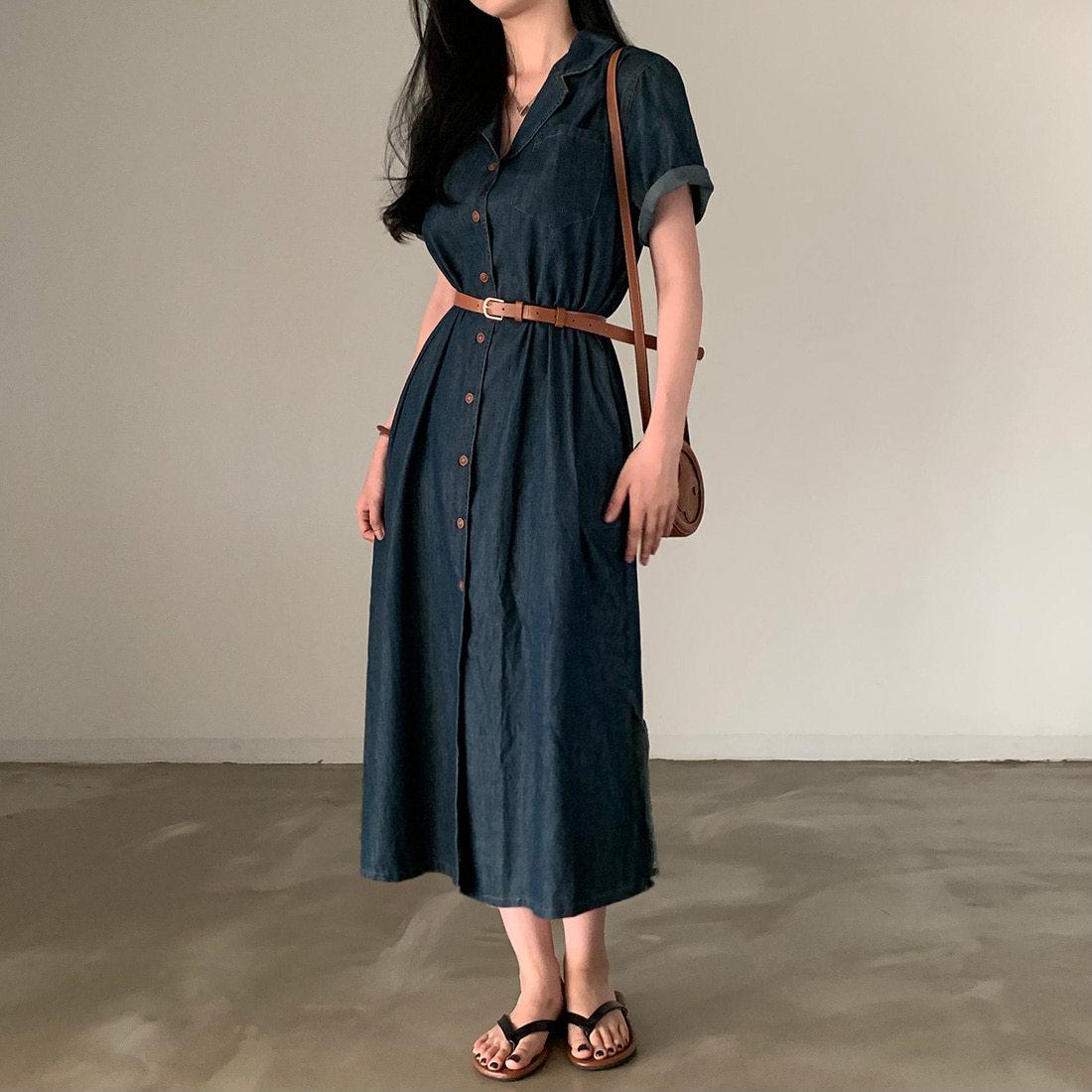 Korean Style French Style Retro Lapels Short Sleeve Denim Dress