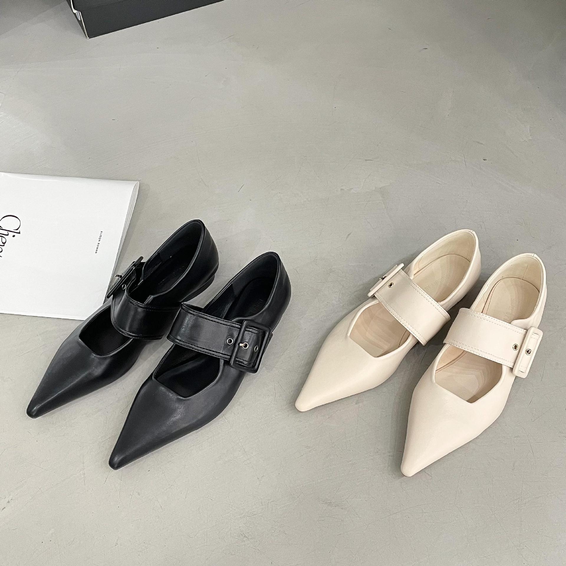 Flat Pumps French Vintage Mary Jane Pointed Leather Shoes