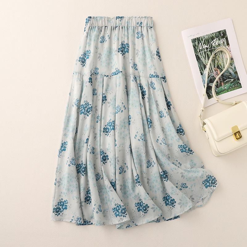French Style Vintage Forest Inspired Blue Ramie Skirt