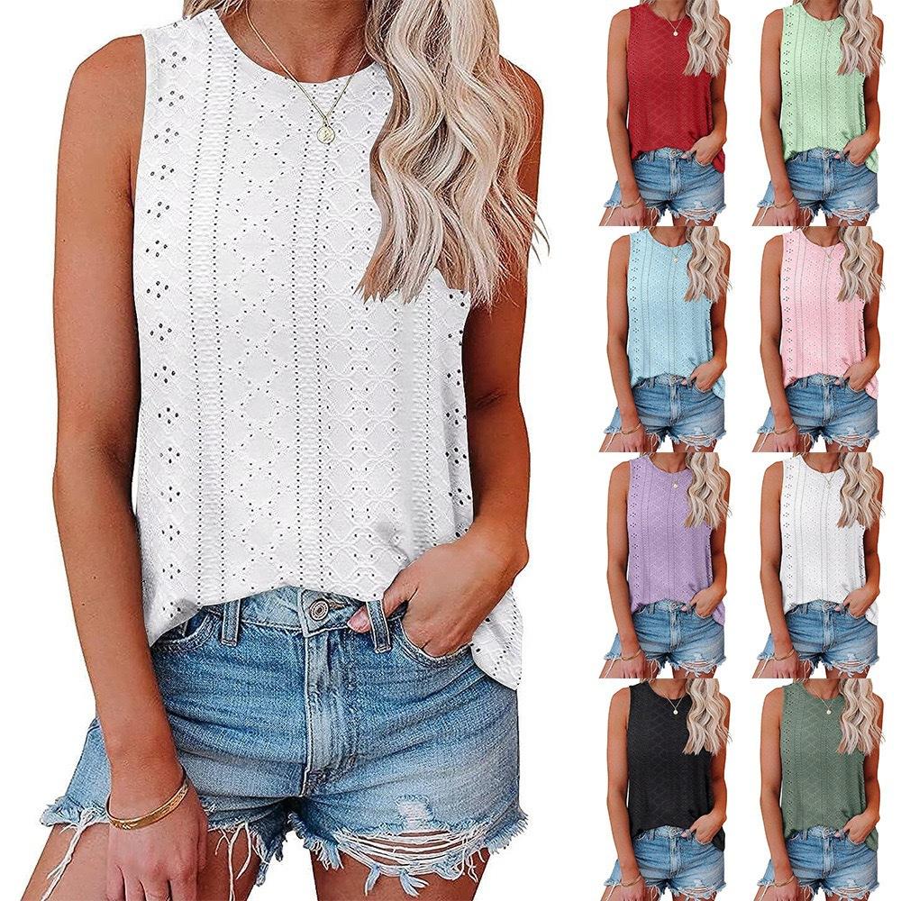 Women's Round Neck Sleeveless Eyelet T-shirt