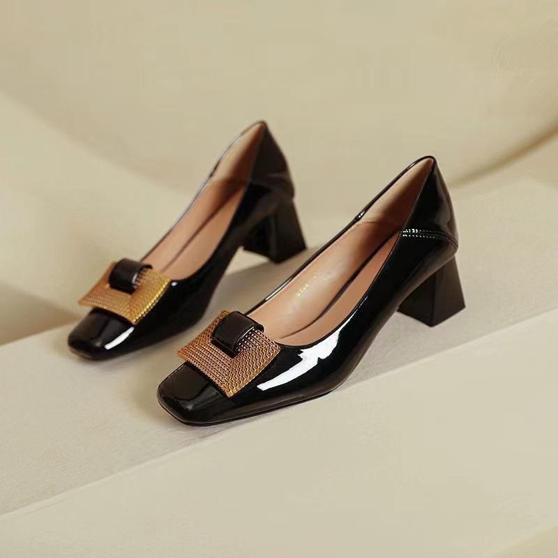 Red Wedding Shoes Mid-Heel SpringAutumn Womens Shoes Patent Leather Square Toe Low-Top Pumps