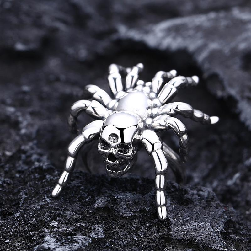 925 Sterling Silver Glossy Spider Ring Skull