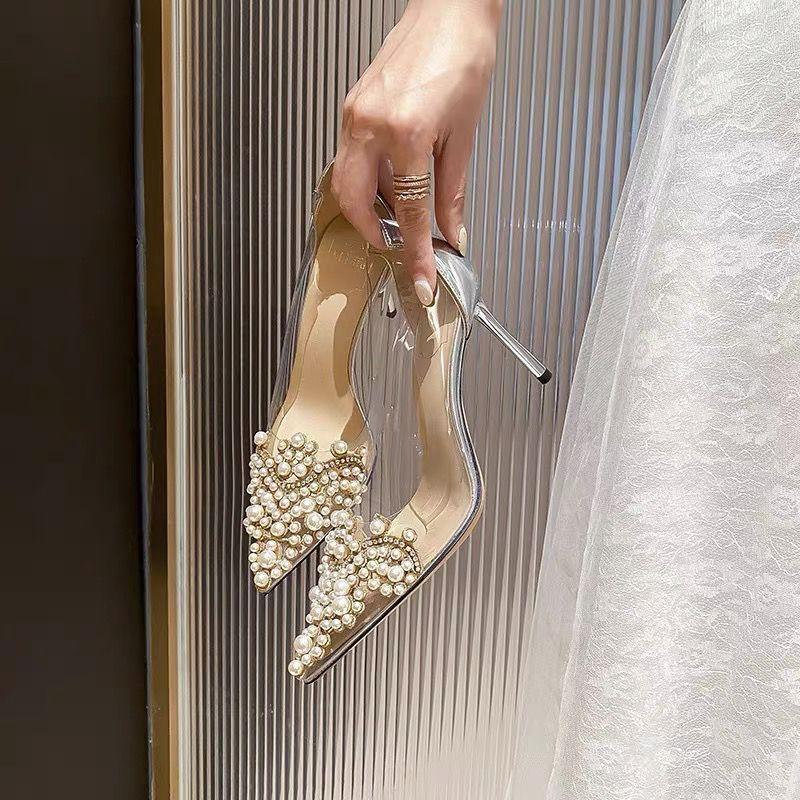 Women's Stiletto Pointed Pearl Transparent High Heel Pumps