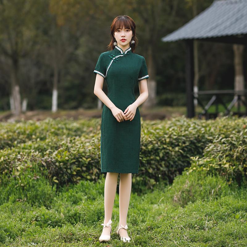 Solid Color Single Layer Cheongsam Dress