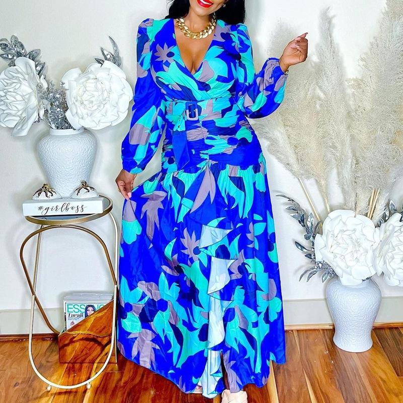 Women's Vintage Printed Deep V Split Dress