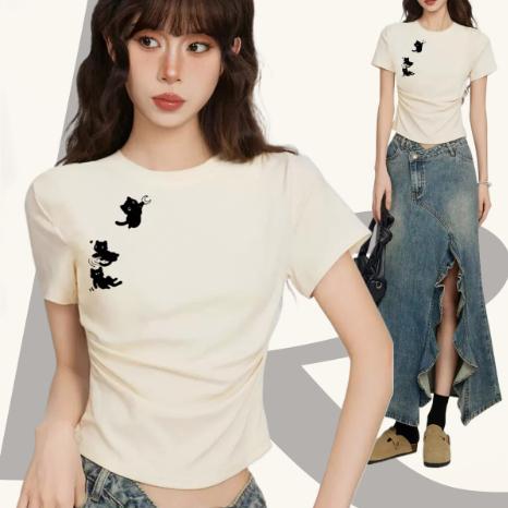 White Cat Round Neck Shoulder Short Sleeve