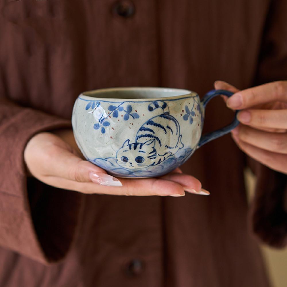 Hand Drawn Blue And White Porcelain Coffee Cup, Handmade Cute Cat