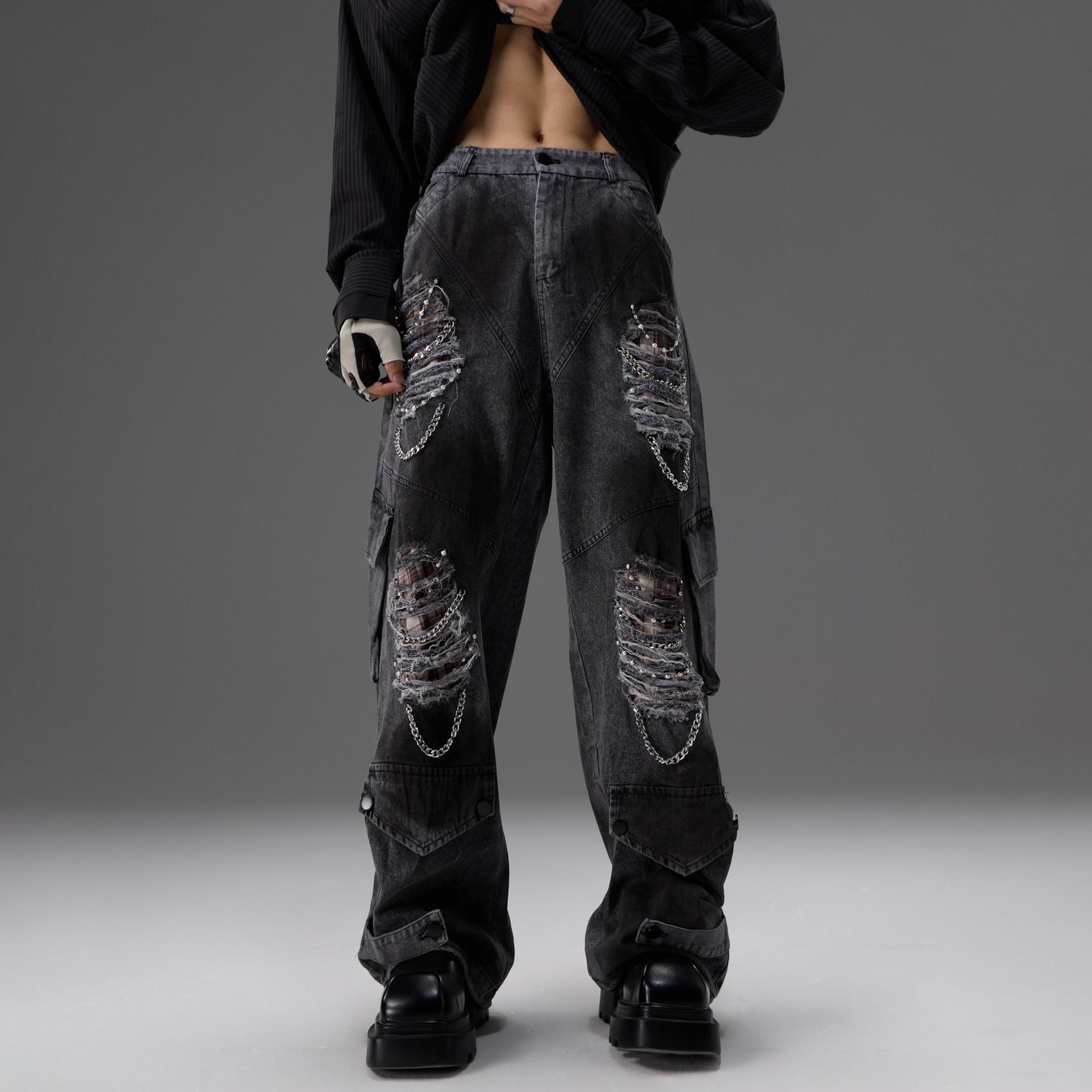Retro Distressed Denim Jeans With Pearl And Metal Hardware Work Pants