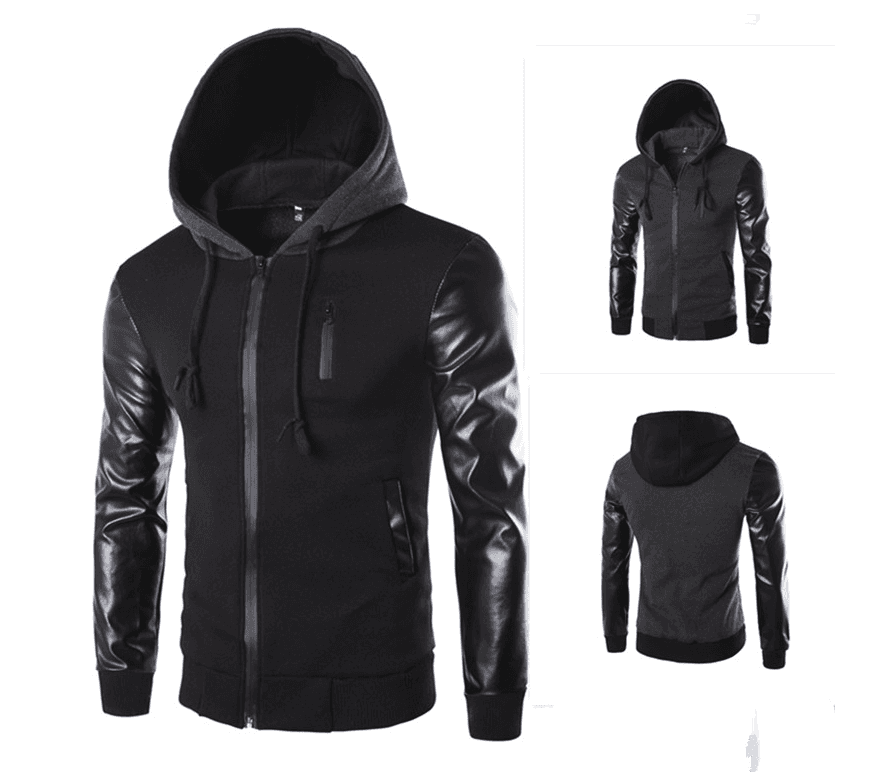 Men's hooded jacket Korean fashion sleeves leather hooded jacket men's jacket