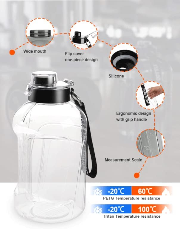 Sports Water Bottle Larger Size 2.5L - Tracking Scale, Easier to Hold, Carry Handle and Strap, Leakproof, Safe. Ideal for Fitness