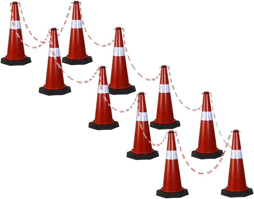 Red & Black PVC Traffic Safety Cones with Reflective Strips Collar (Pack of 10)