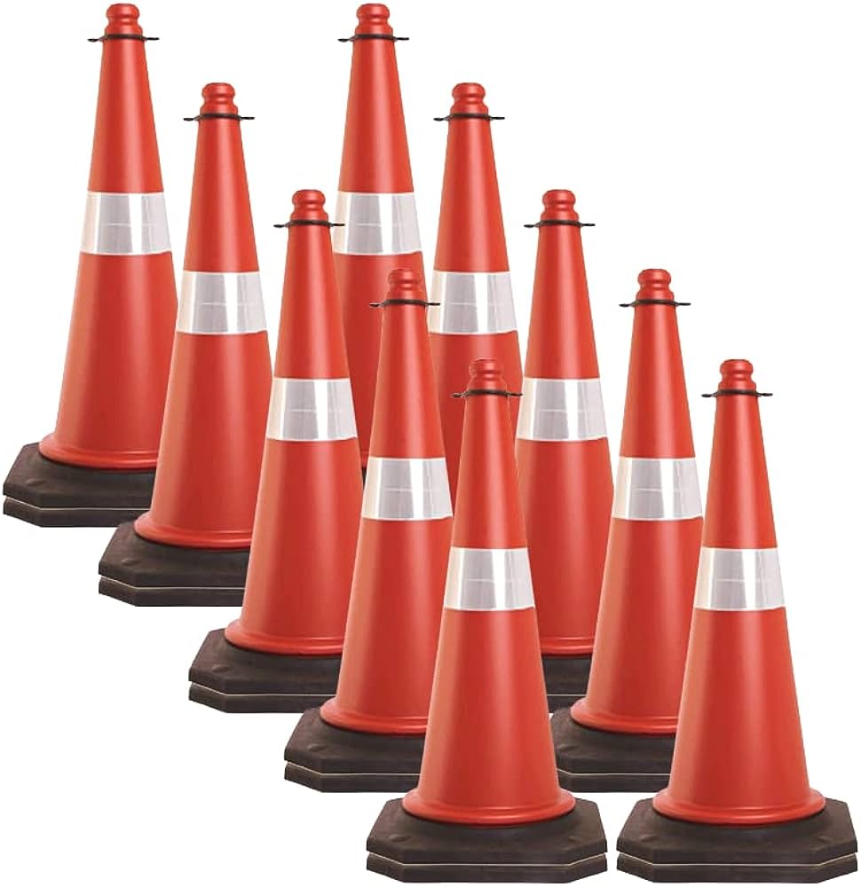 Red & Black PVC Traffic Safety Cones with Reflective Strips Collar (Pack of 10)