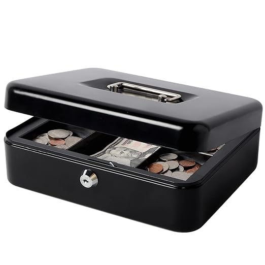 Metal Black Cash Box with Key & Money Tray