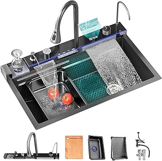 Rainfall Sink Kitchen 304 Stainless Steel Sink Kitchen Manual for Large Slot Waterfall Black Sink Faucet