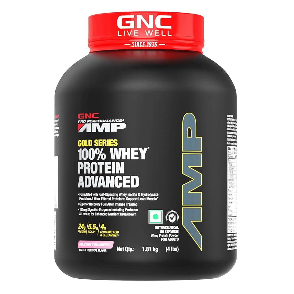 GNC AMP Gold 100% Whey Protein Advanced Delicious Strawberry Powder 4 lbs