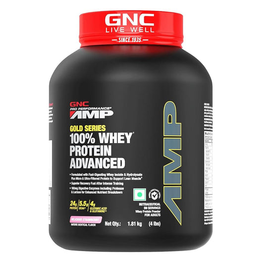 GNC AMP Gold 100% Whey Protein Advanced Delicious Strawberry Powder 4 lbs