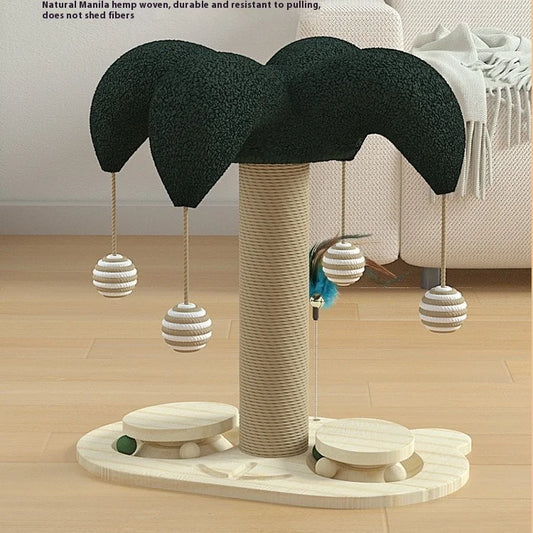 Cat Scratching Post with Wooden Rotating Base - Sturdy Sisal Scratching Post, Cat Activity Wheel, Hanging Toys Play Exercise