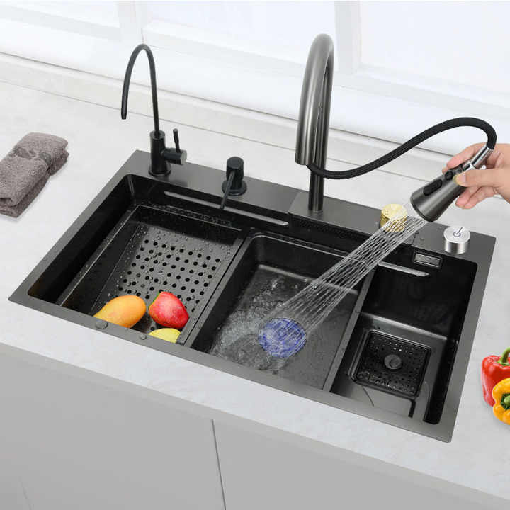 Kitchen Sink Black Nano Single Modern Stainless Steel Waterfall